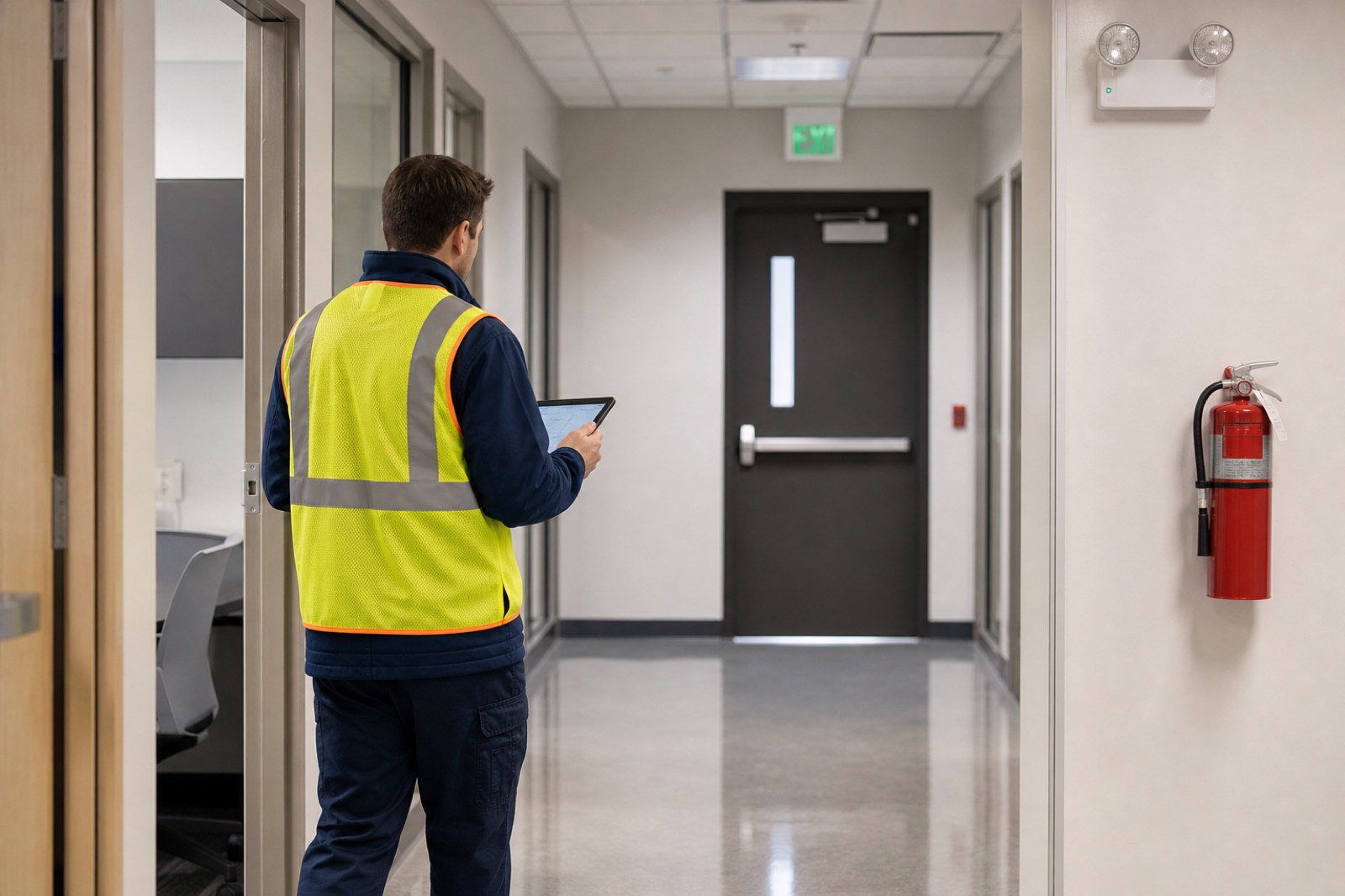 Inspector reviewing a commercial fire-safety route and equipment